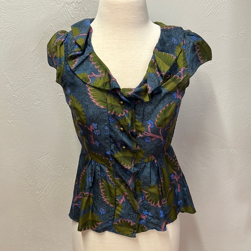 Vanessa Virginia Anthropologie Blue/Green Floral Print Peplum Blouse Size 0 - Picture 2 of 15